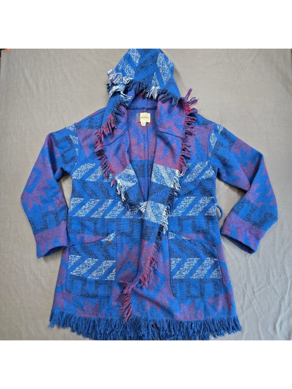 Roxy Small Hooded Thick Cardigan Blue Fringe Zigzag Open Front Sweater